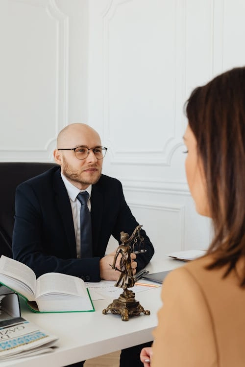 Lawyer discussing case with client.