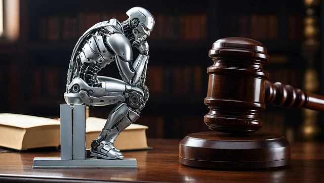 Robot contemplating beside a gavel.