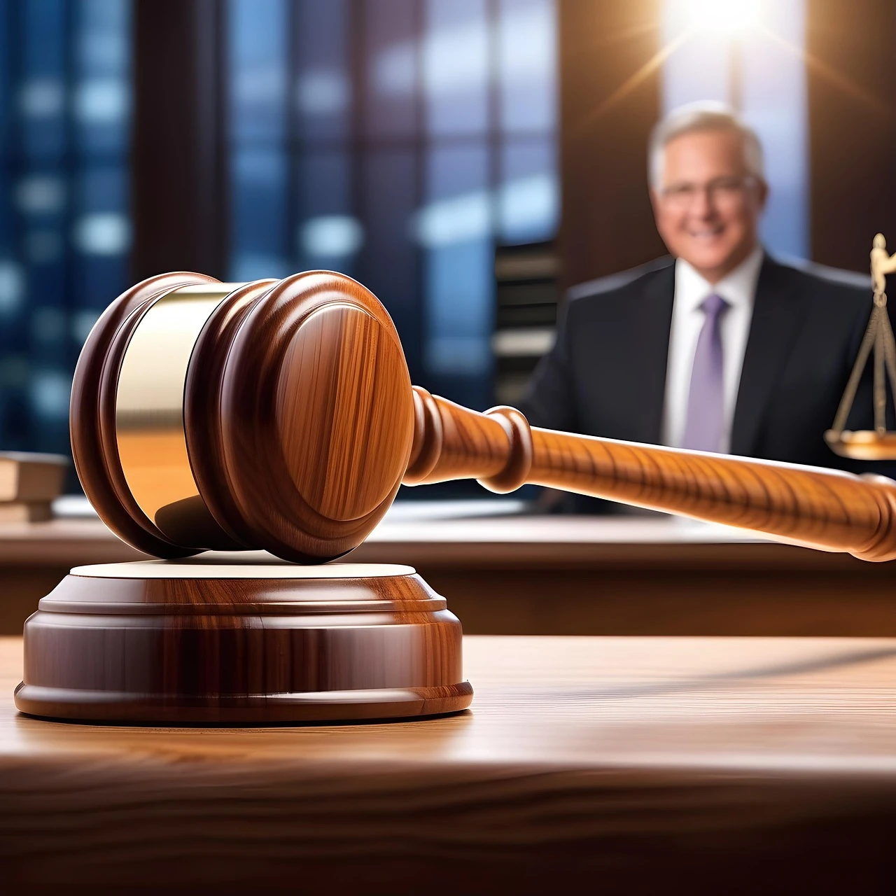 Wooden gavel on a courtroom desk.