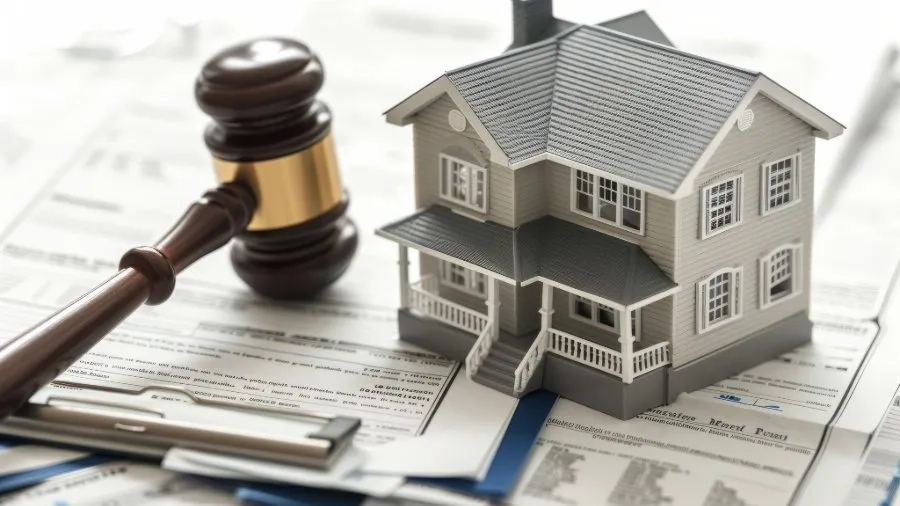 House model with gavel and documents