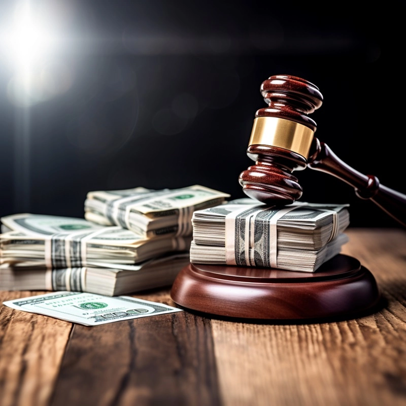 Gavel beside stacks of cash