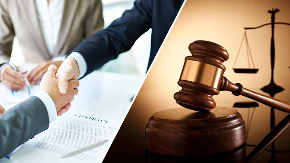 Legal agreement and justice symbols.