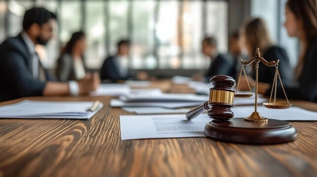 Legal meeting with gavel and documents.
